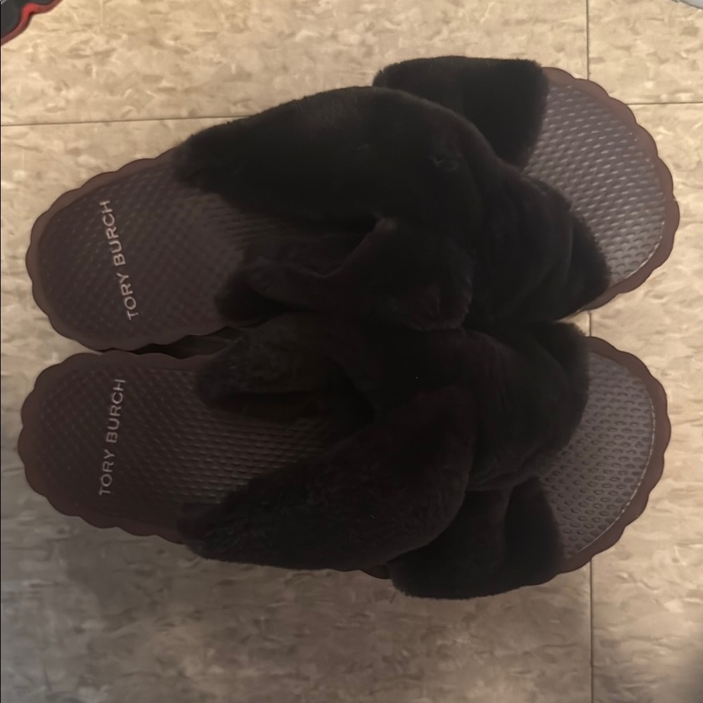 Tory Burch Black Faux Fur Sandals with Metallic Rose Gold Platform